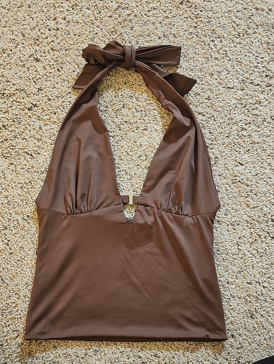 gaze Tops - gaze Chocolate Brown Halter Top with Front Detail